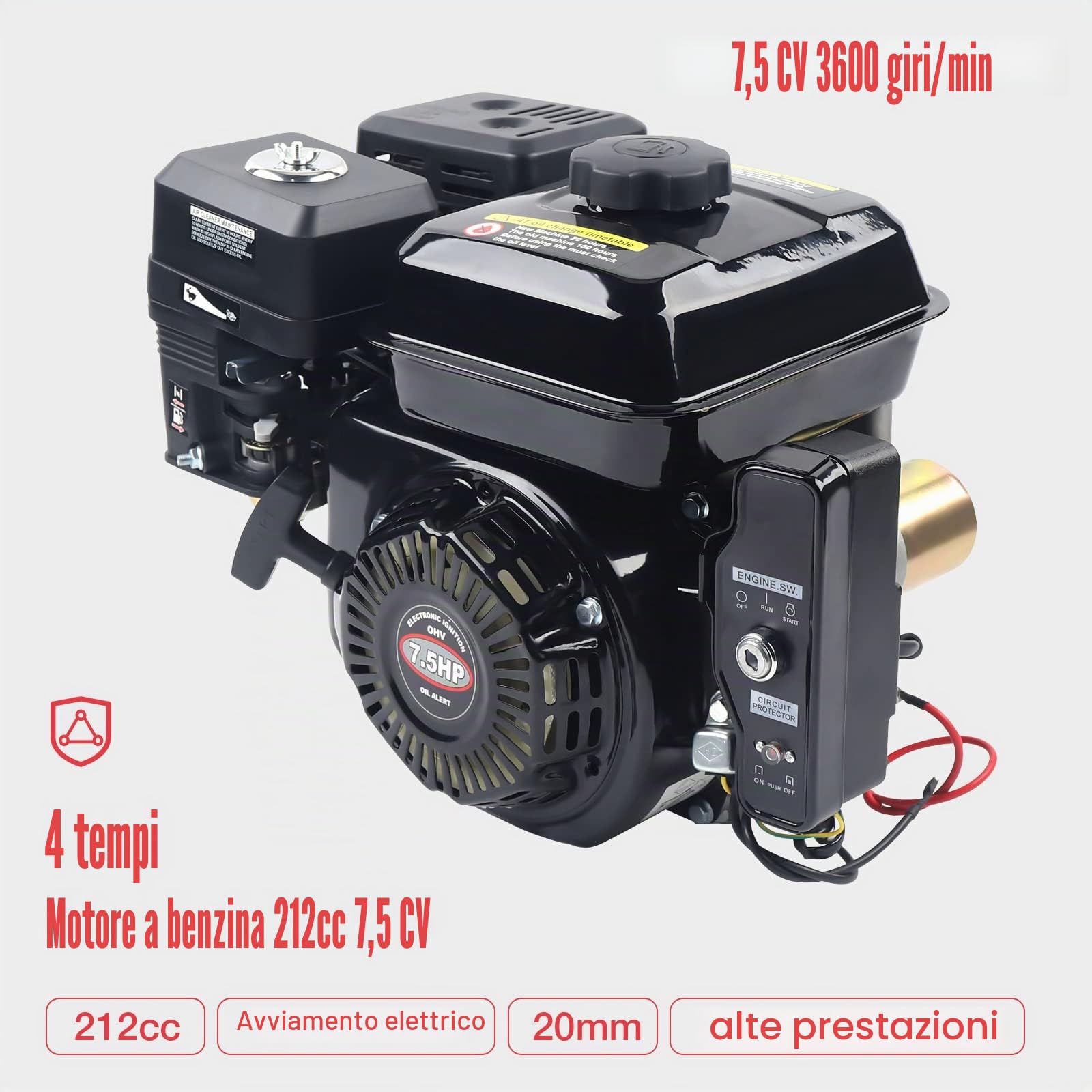 Motore a benzina 4 Tempi 7,5 CV, elettrico Motore Kart 3600 RPM Raffreddamento ad aria Motore Industriale per Compressori Generatori Betoniere