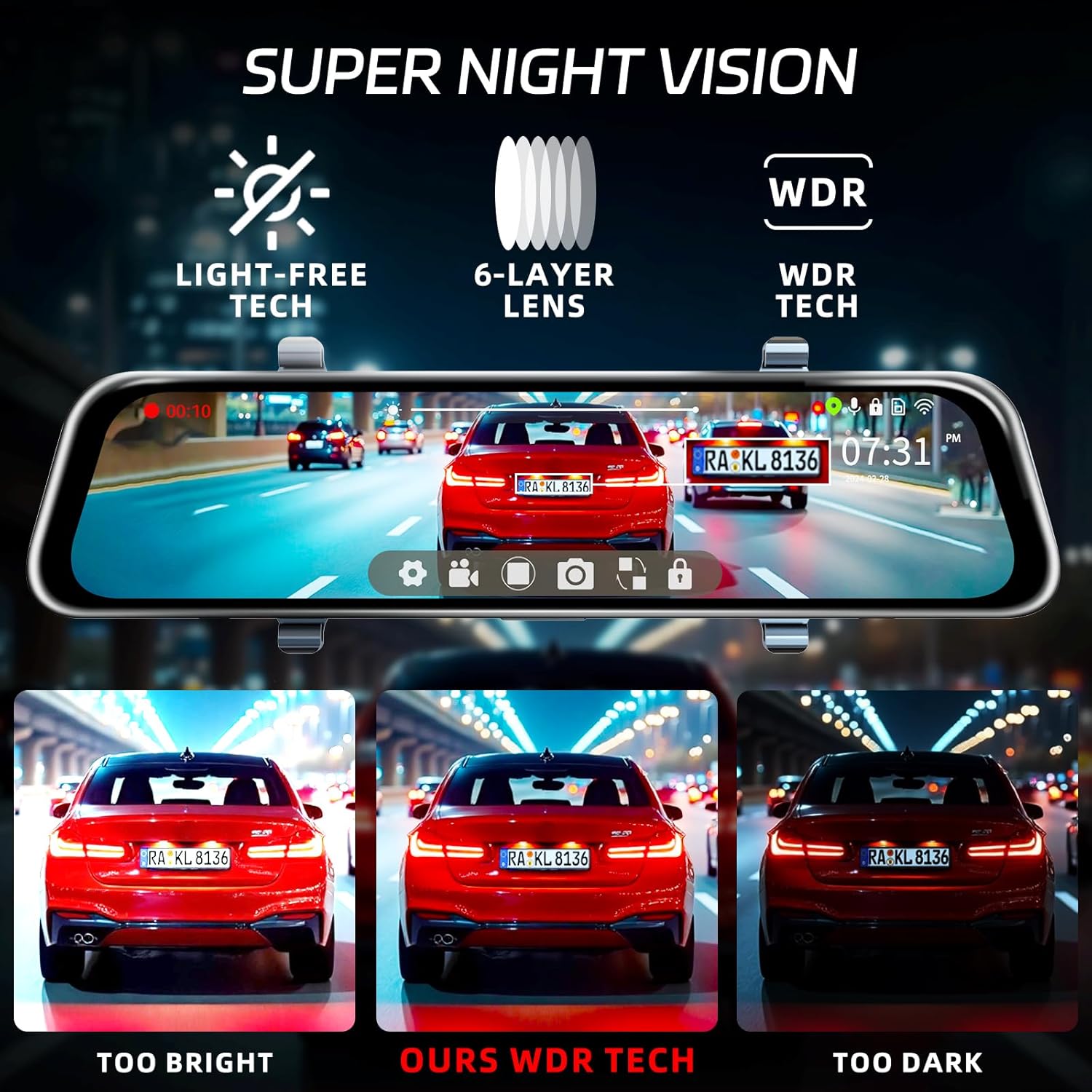 L09 12" 4K Mirror Dash Cam Backup Camera, 5.8GHz WiFi Smart Rearview Mirror for Cars & Trucks, Front and Rear View Dual Cameras, Night Vision, Parking Assistance, Included 128GB Card & GPS