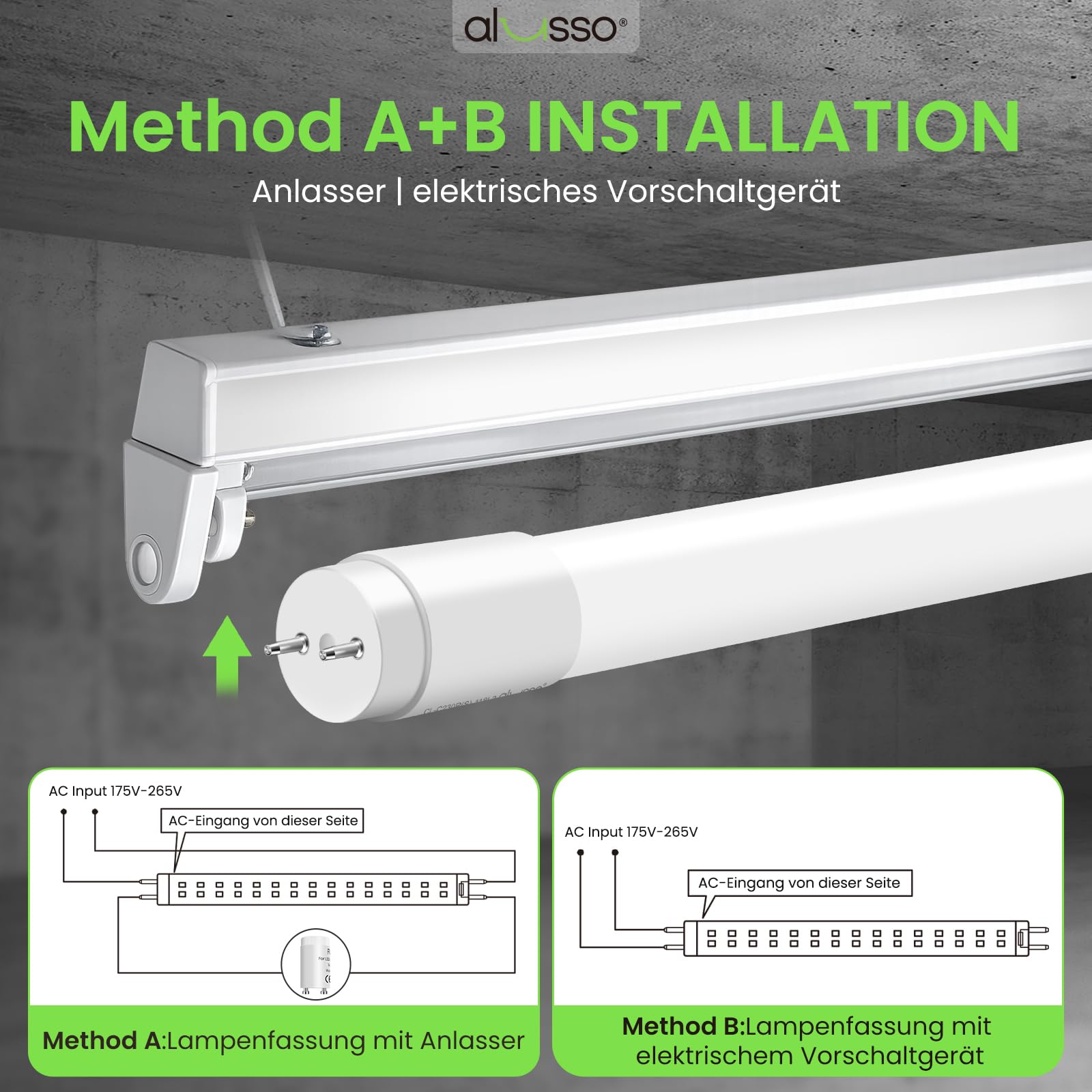 ALUSSO LED Röhre 120cm 6000K Kaltweiß, 18W T8 Leuchtstoffröhre 10-er Pack | Hohe Helligkeit 1800LM ersetzen 36W, Inklusive G13 Starter, 210° Abstrahlwinkel, Geeignet für Büros, Garagen, Lagerhallen