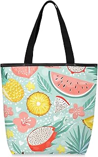 Sacolas de lona com zíper e bolso interno, bolsa de ombro feminina casual bolsa de mão abacaxi e frutas de dragão, bolsas de compras reutilizáveis de cozinha, sacolas de lona para uso para livros, sacolas de compras, sacolas de presente, Multicor