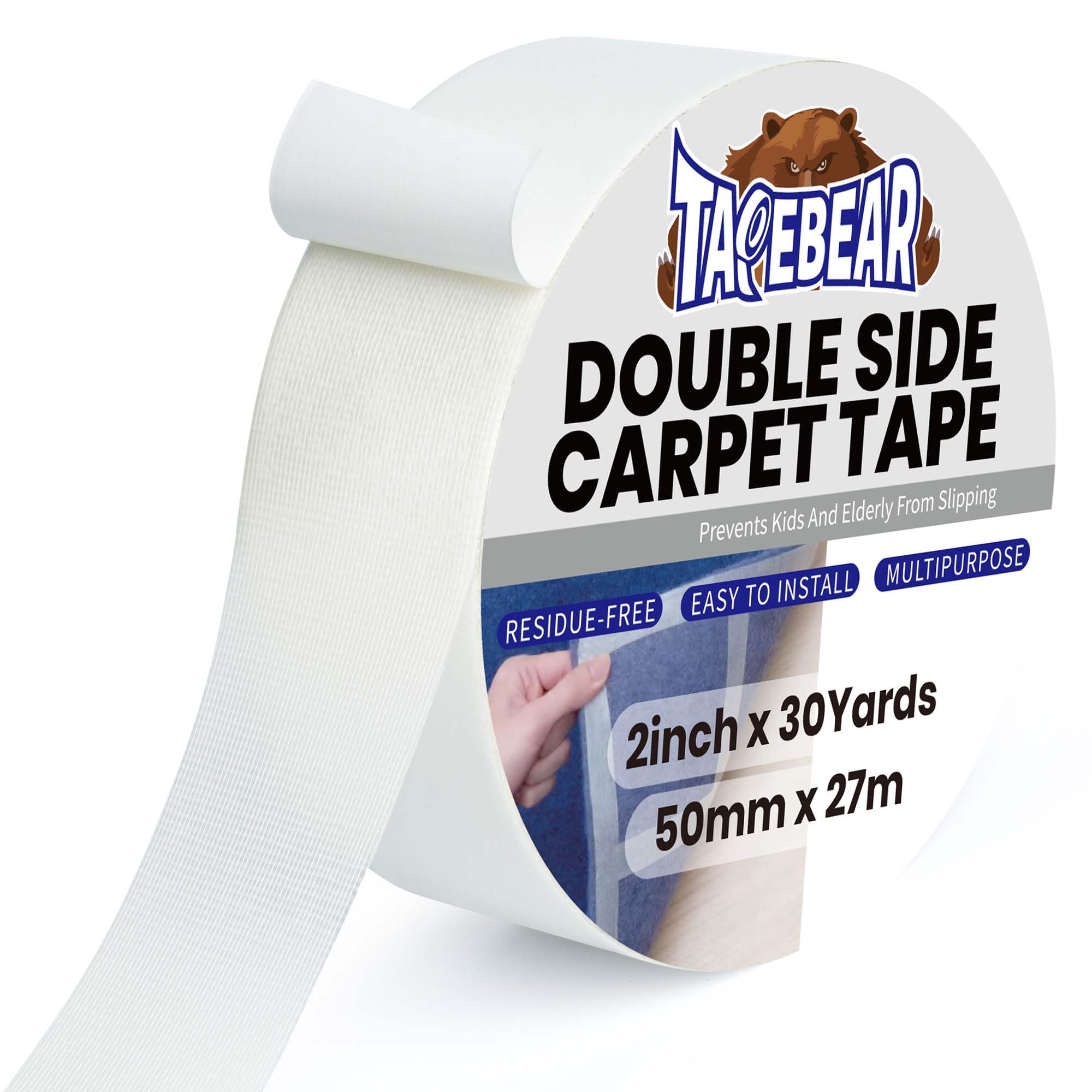 TAPEBEAR Carpet Tape Double Sided 50mm x 27m, Heavy Duty Rug Gripper Anti Slip Anti Curling Floor Tape Residue-Free