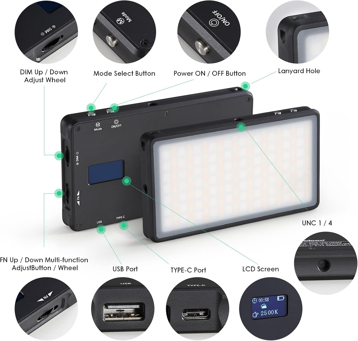 5000mAh Colorful RGB On Camera LED Video Light Alloy Shell Digital Camera Photography Zoom Fill Light Mini Tripod USB-C Fast Charging Portable Charger External Battery Pack