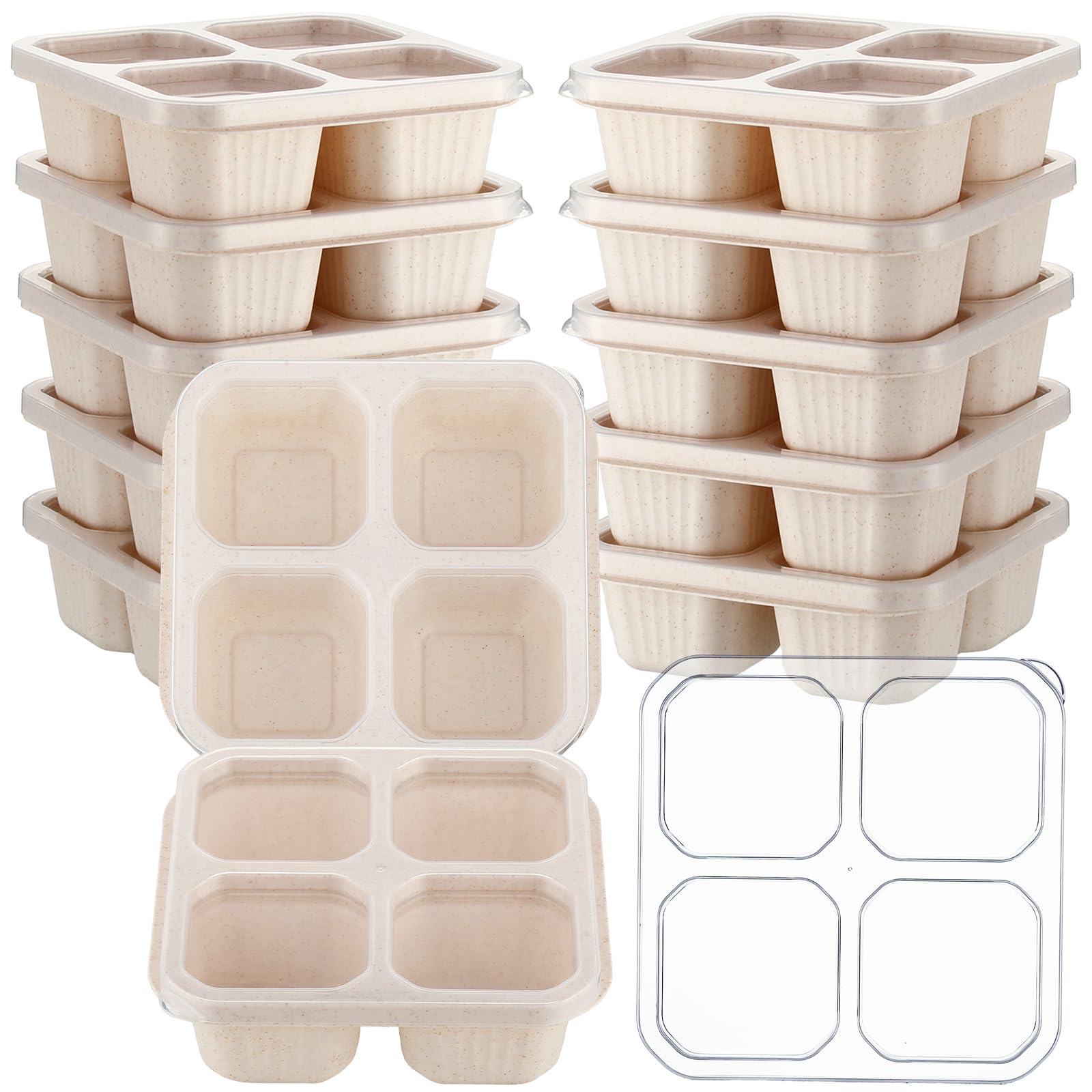 12 Pcs 4 Divided Compartments Snack Containers Bento Wheat Straw Snack Box with Lid Reusable Meal Prep Lunch Box Food Storage Containers for Adults Travel Work(Beige)