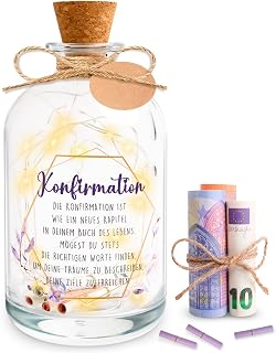 Konfirmation Geschenk, LED Flaschenlicht zur Konfirmation mit Spruch, Korken und Warmweißem Licht, Verpackung Geldgeschenk Kommunion, Kommunion Leuchtflasche für Mädchen und Jungen (Lila)