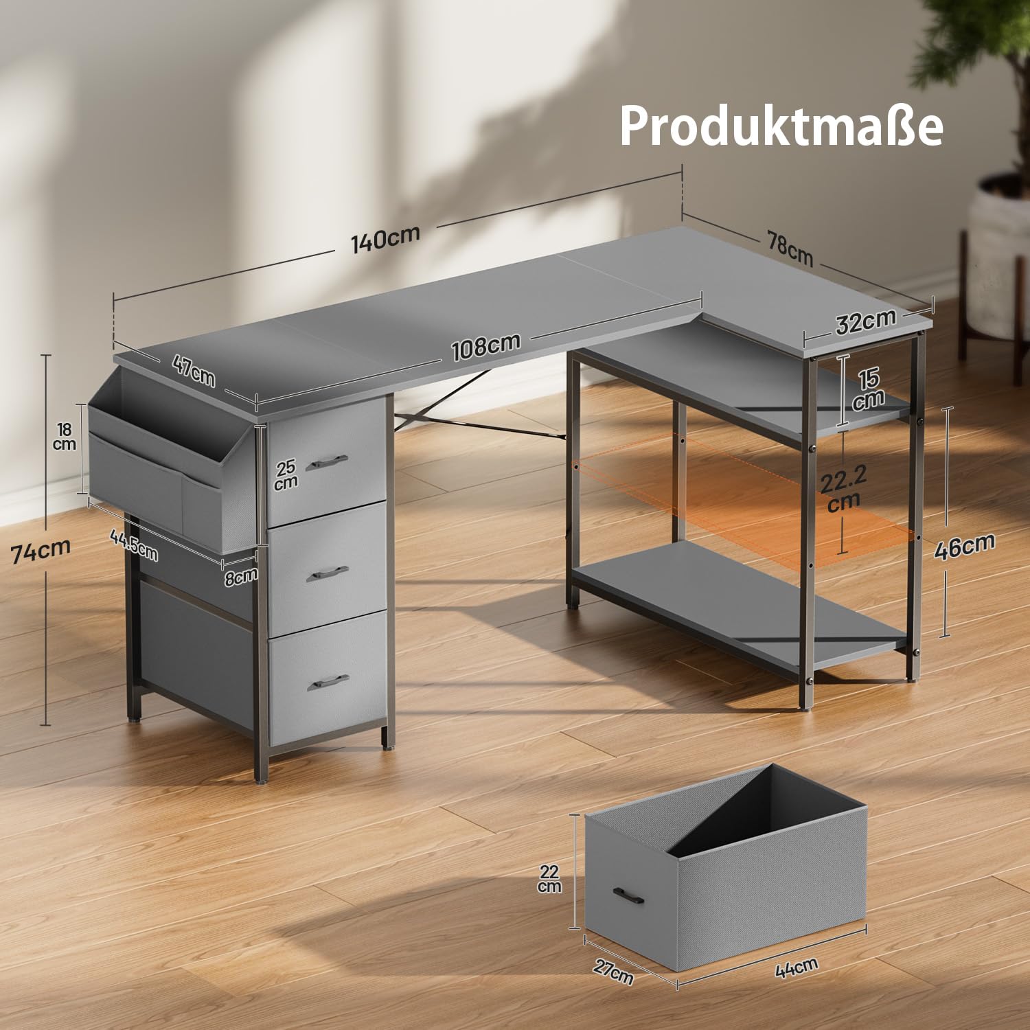 HLONONE Eckschreibtisch mit 3 Schubladen, 140 x 78 cm, Grau | Schreibtisch L Form mit Stauraum, Monitorständer und Seitentaschen, Computertisch mit Regal für Büro, Homeoffice
