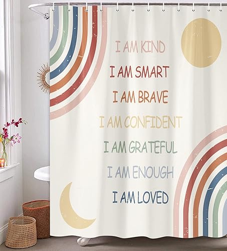 Miniatura 2 de Cortina de ducha de arcoíris para niños, juego de cortina de ducha con citas inspiradoras para baño, cortina de ducha abstracta bohemia positiva