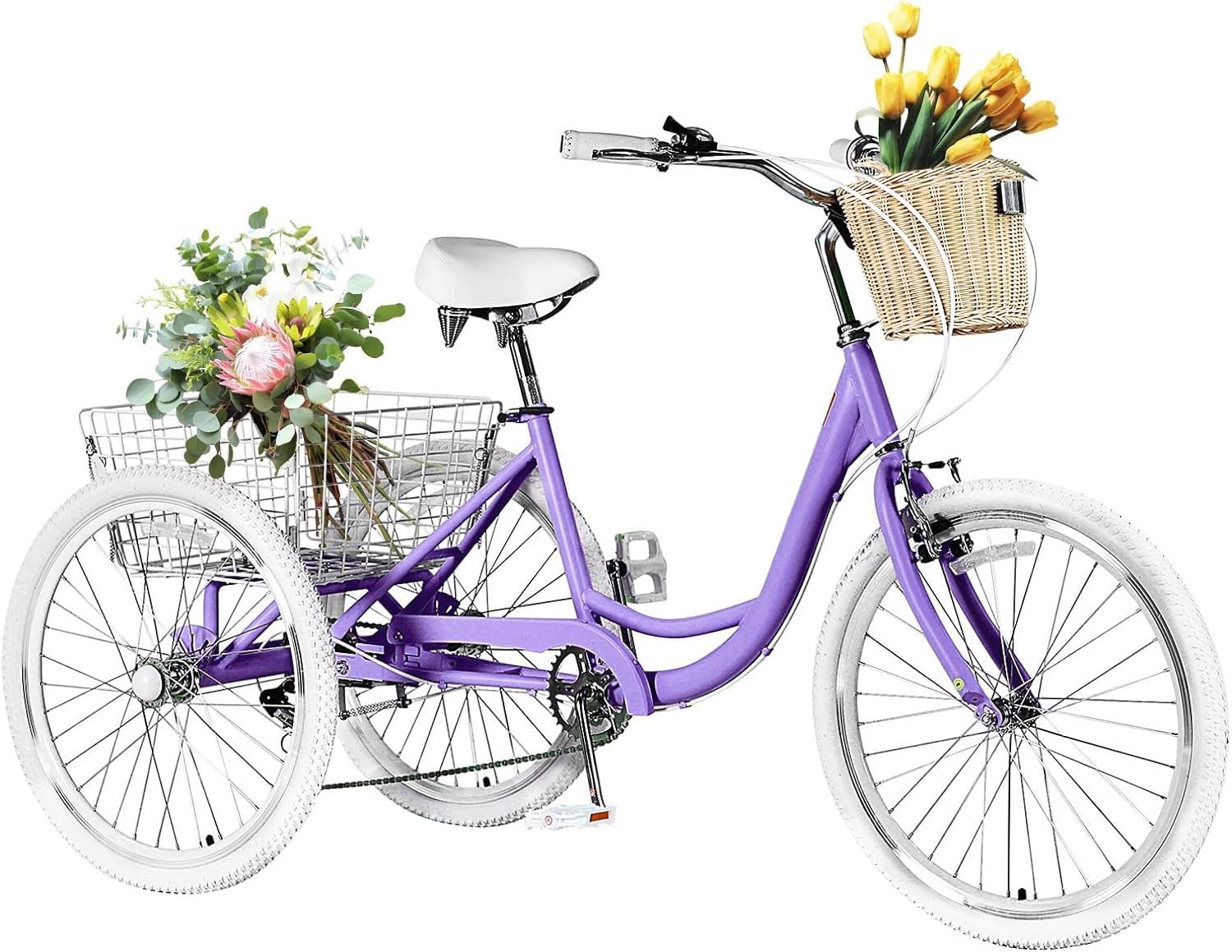 Adult Tricycles for Adults, 7 Speed Adult Trikes, 20/24/26 inch 3 Wheel Bike with Basket, Three-Wheeled Cruiser Bicycles for Women and Men, Without Fenders