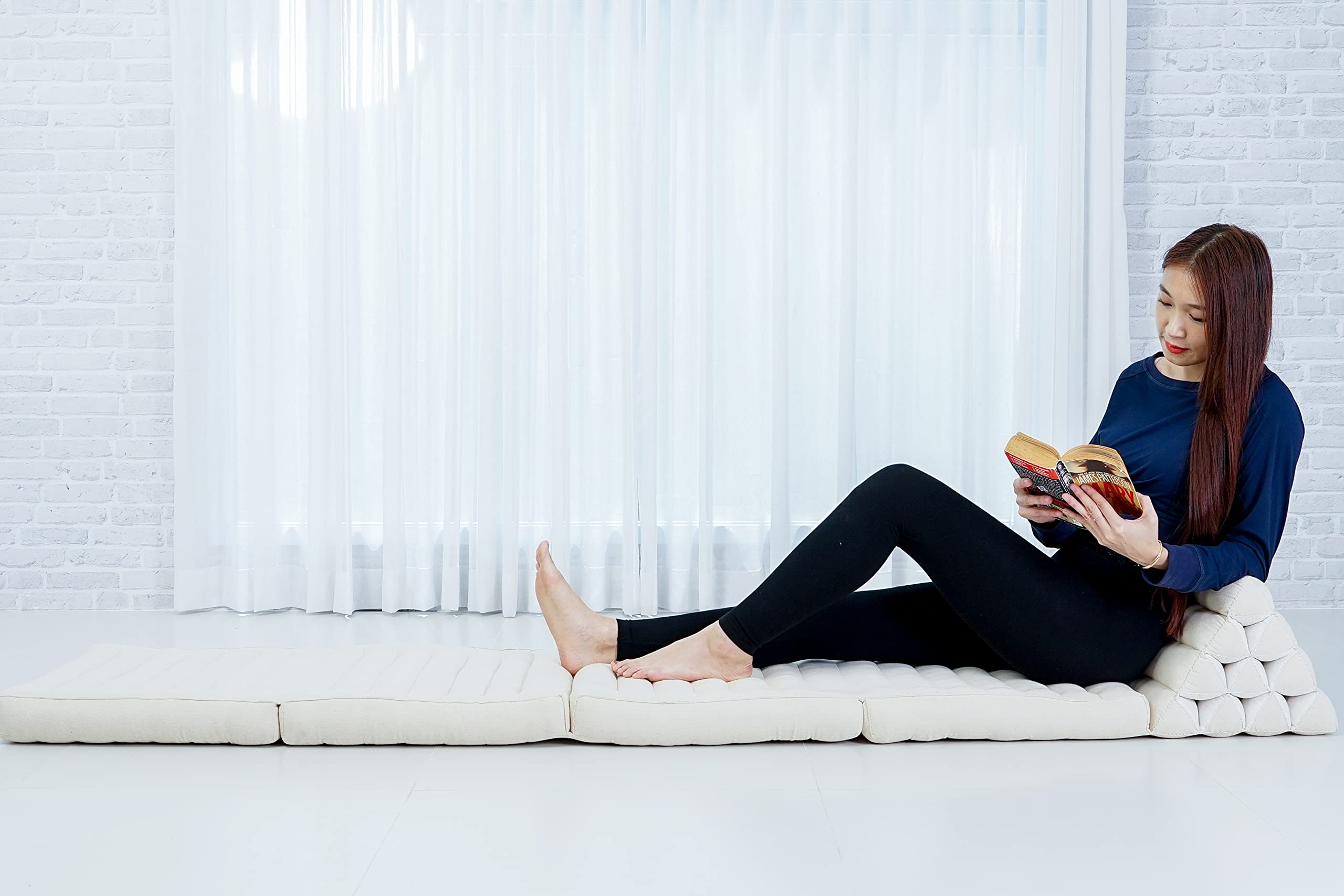 Leewadee Comfortable Japanese Floor Mattress - Thai Floor Bed with Triangle Cushion - Futon Mattress - XL Extra Long Thai Massage Mat, 89 x 20 inches, Ecru, Kapok Filling