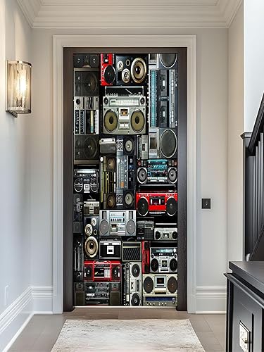 Miniatura 4 de artfanke Adhesivo 3D para puerta, 33.5 x 84.6 pulgadas, papel tapiz autoadhesivo impermeable, mural para puerta, póster vintage de radio Boombox de