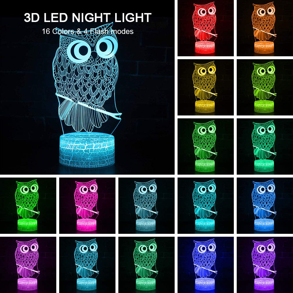 Lucky Owl Night Light for Kids, 3D Optical Illusion Night Lamp with Remote Control & 16 Color Changing Desk Table Lamp, Kids Room Bedroom Decor Gift for Baby Boys Girls Teen in Xmas Birthday Party