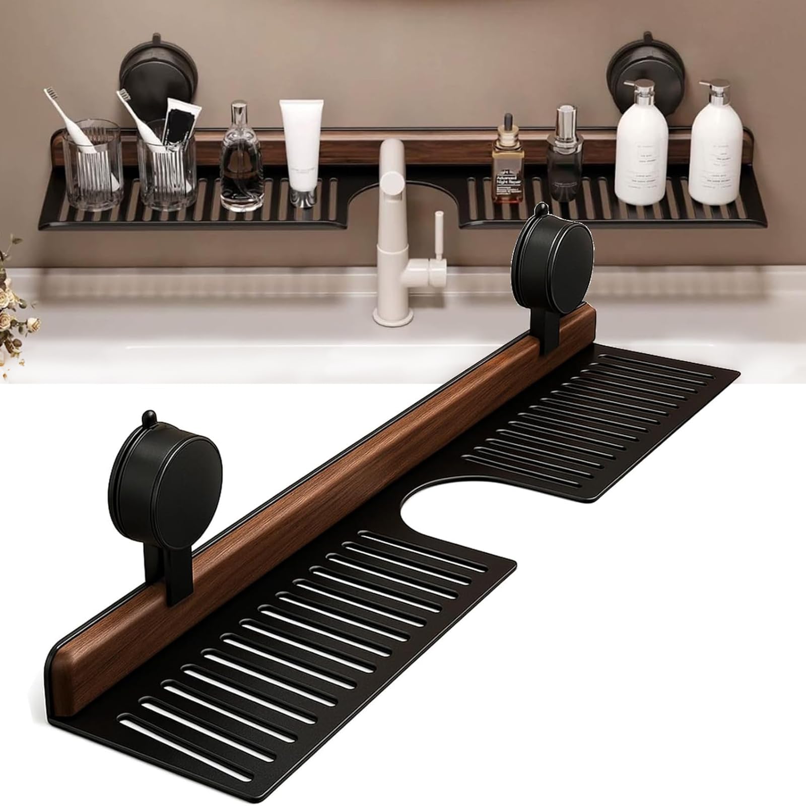 YUANCHUTOP Walnut Wood Bathroom Shelf with Suction Cup - Wall-Mounted, No Drilling, Adjustable Shower Storage Basket, Faucet, Bathroom & Kitchen Accessory (Black, 40cm)