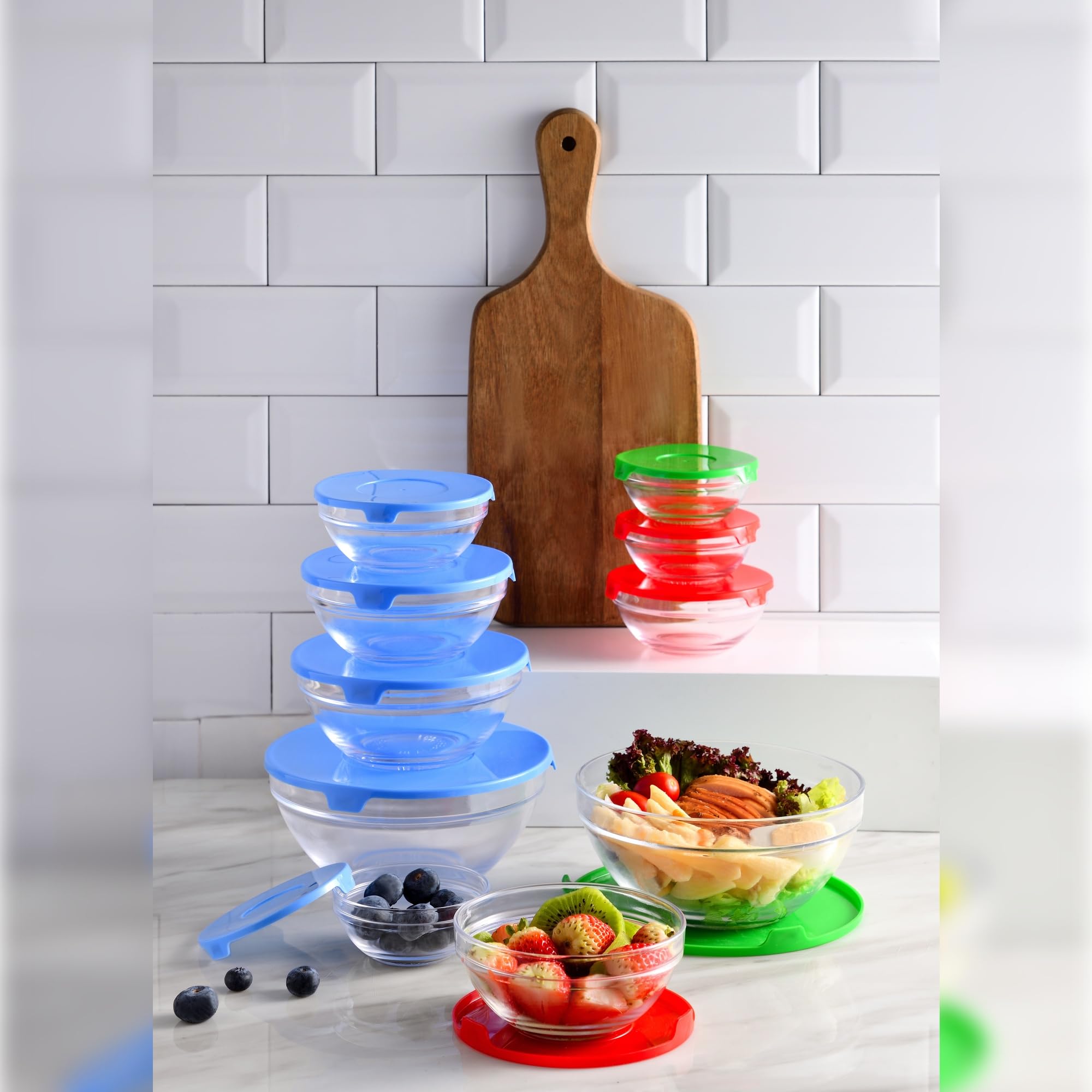 Set de batería de cocina en acero inoxidable + 3 sartenes Ø18Ø22Ø26cm en aluminio prensado + 5 boles de cristal con tapas San Ignacio