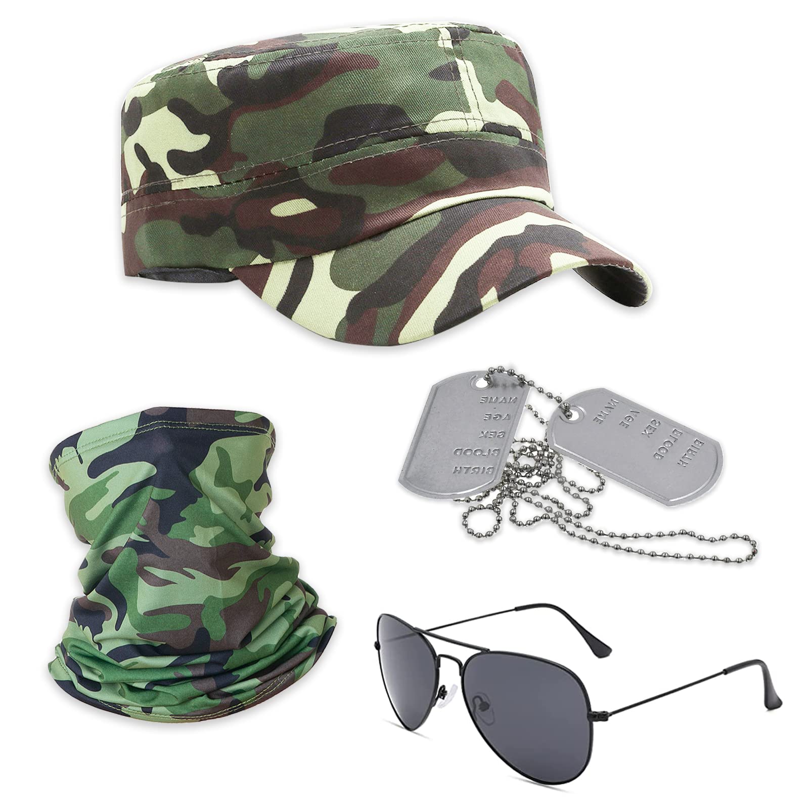 4Pcs Army Camouflage Set, Solider Military Cosplay Costume Accessories Fancy Dress Set with Camouflage Hat, Neck Warmer, Sunglasses, Dog Tag for Adults Cosplay Dress up Party Halloween