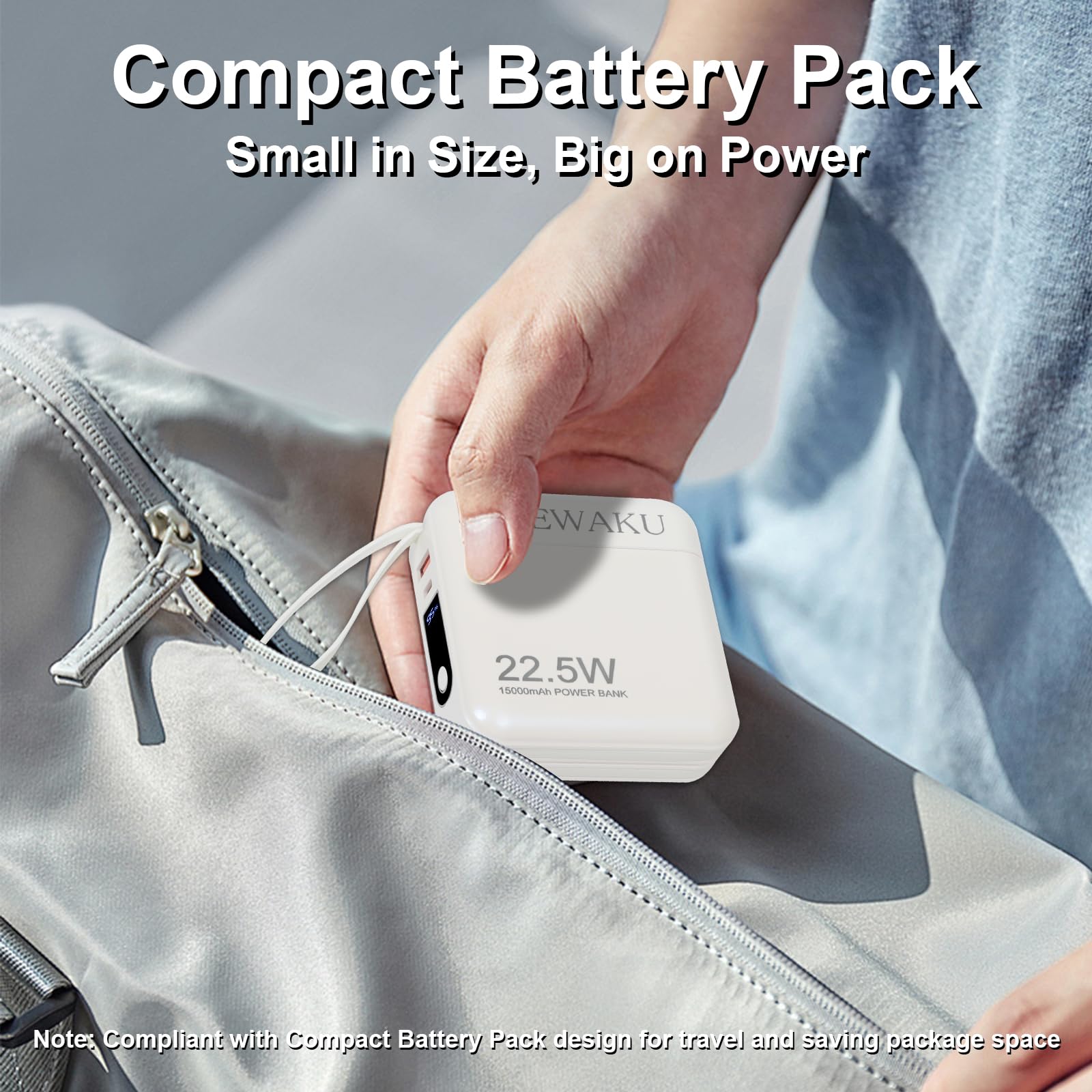 Caricabatterie portatile Power Bank per iPhone 16, 22,5 W, ricarica rapida, cavo integrato e spina a muro AC, 3 in 1 compatto 15000 mAh, batteria USB-C essenziale da viaggio per iPad, Android