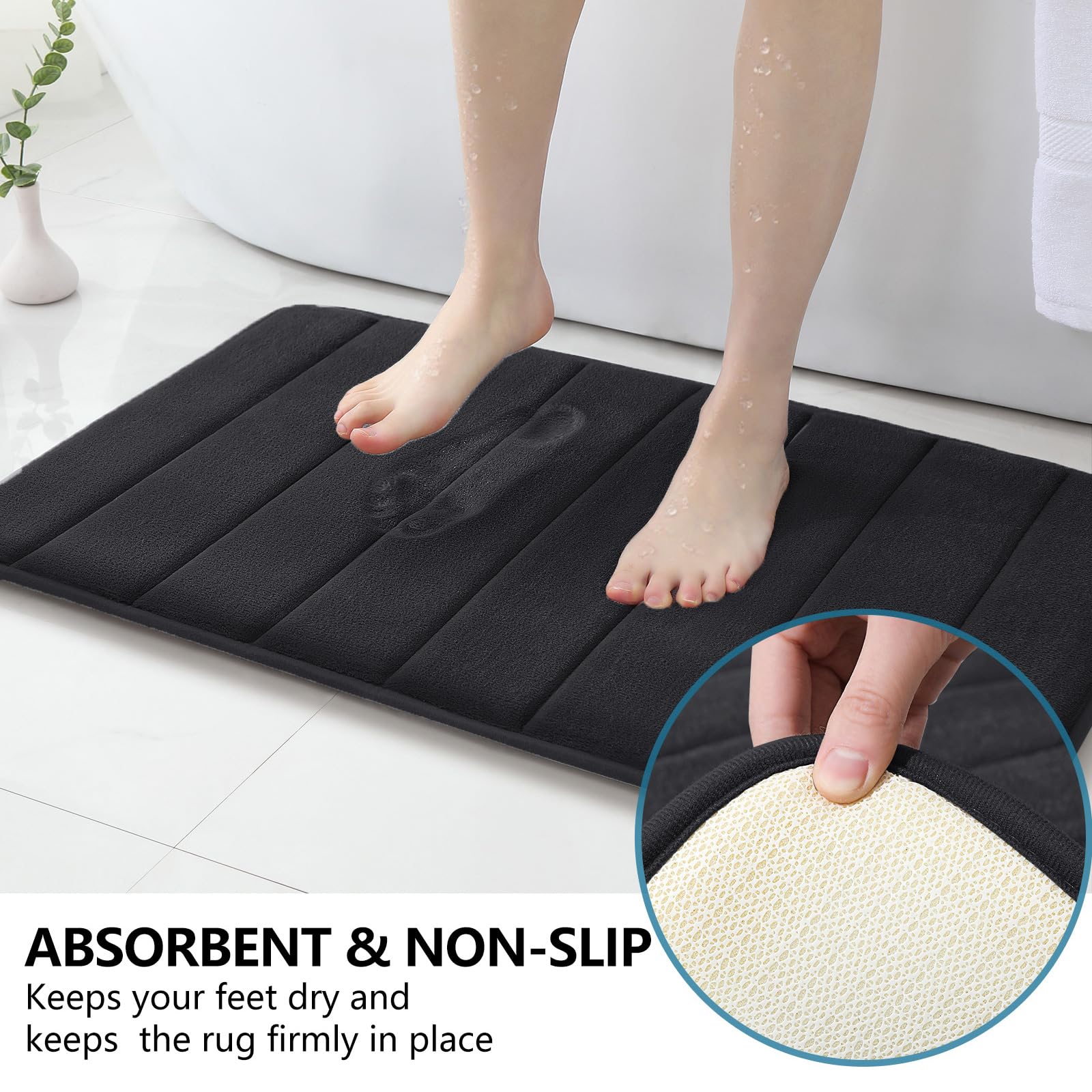 BYSURE Juego de 2 alfombras de baño de espuma viscoelástica negras, antideslizantes, extra absorbentes, peludas, suaves y secas, juego de alfombras de baño lavables de 17 x 24 pulgadas + 20 x 32