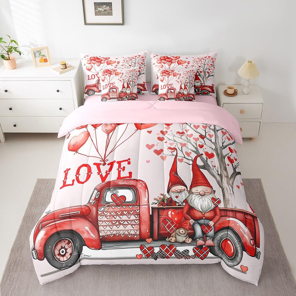 7 Pieces Twin Size Valentine's Truck Comforter Set,Gnome Couple Romantic Bedding Set for Girls Women,Roses Flowers Love Heart Balloons(Comforter+Fitted+Flat Sheet+2 Pillowcases+2 Throw Pillow Covers)
