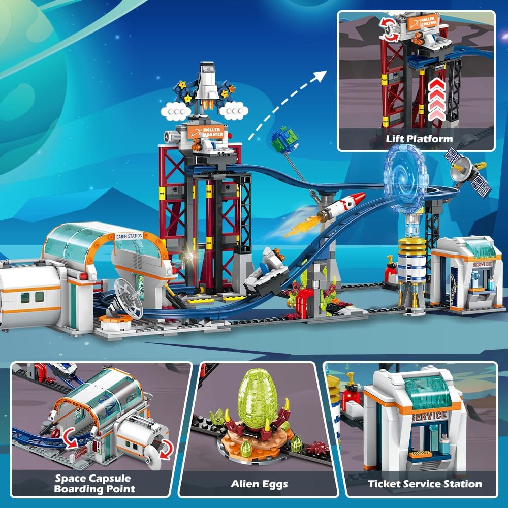 Space Roller Coaster Building Sets - Rollercoaster Building Toy with Rocket, Lift Platform, Satellitesr, Carriage, Food Cart, 926PCS Space Adventure Park for Adults Teens Kids Boys Ages 6+