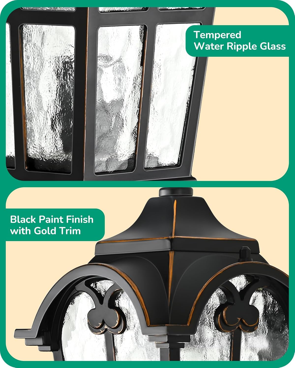 EDISHINE Dusk to Dawn Outdoor Wall Light, 17" Exterior Light Fixture Wall Lantern, Black Roman Porch Light Wall Lamp with Water Ripple Glass, Waterproof Wall Mount Sconce for Porch, Garage, Patio