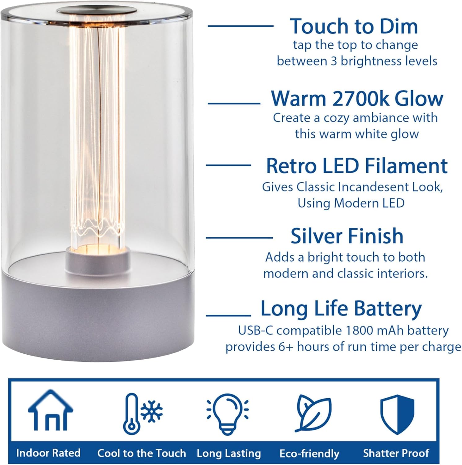 Cordless Table Lamp – Rechargeable Touch Control Bedside Lamp, Dimmable Warm White LED Light with USB-C Charging, 1800mAh Battery, Modern Silver Design, Etched Filament-Style Glow