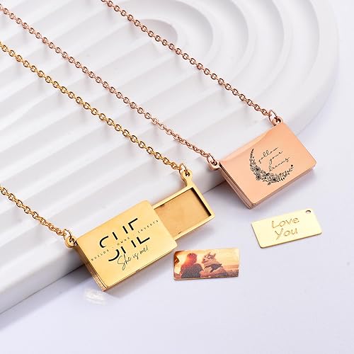 Miniatura 2 de Colgante personalizado de medallón de sobre de acero inoxidable para niñas, collar con medallón de texto con foto personalizada, Acero inoxidable,