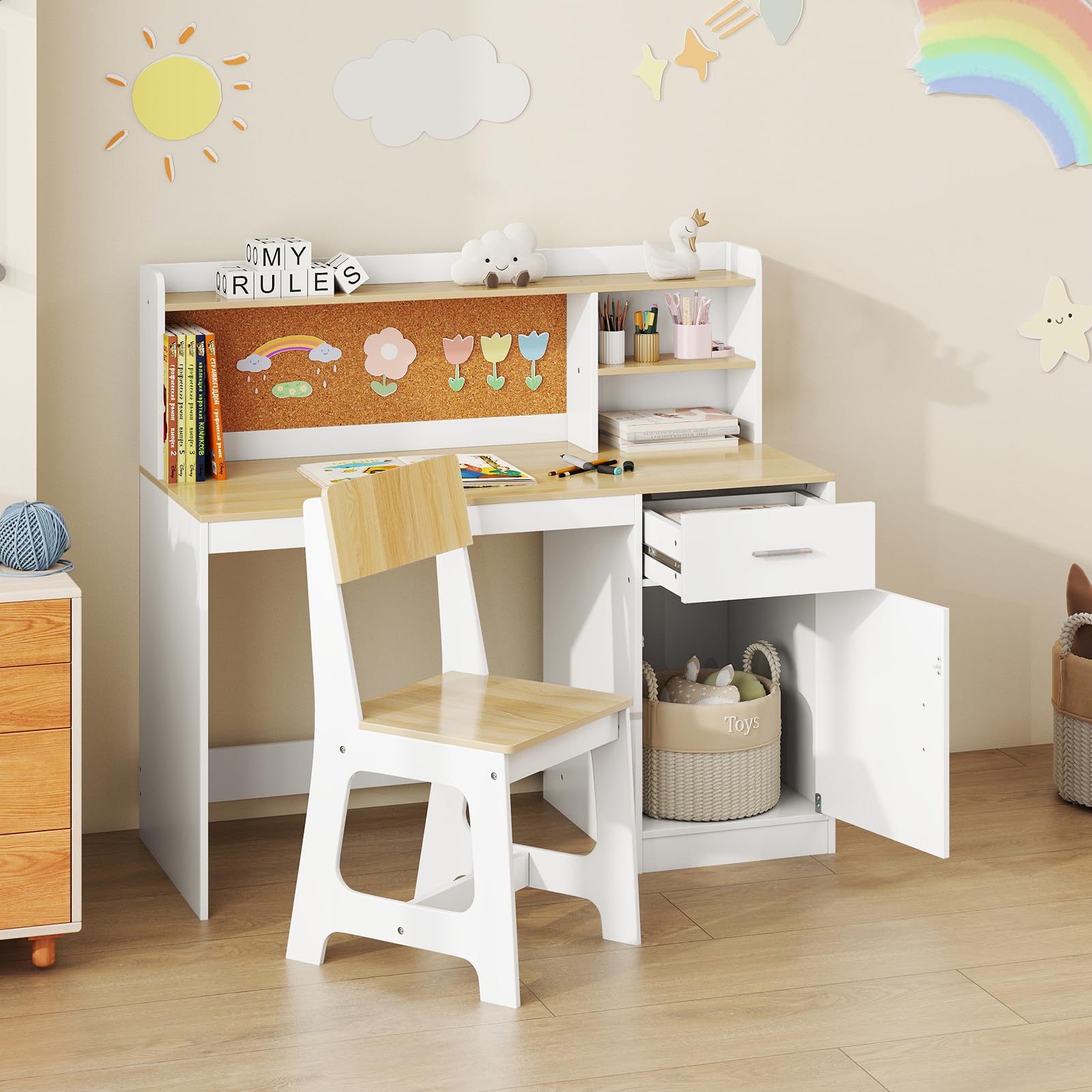 DREAMADE Bureau Enfants, Table d'Étude avec Chaise, Étagère, Tableau d'Affichage, Tiroir, Armoire pour Lecture, Dessin, Bricolage, pour Salon, Chambre d'enfant (Naturel)