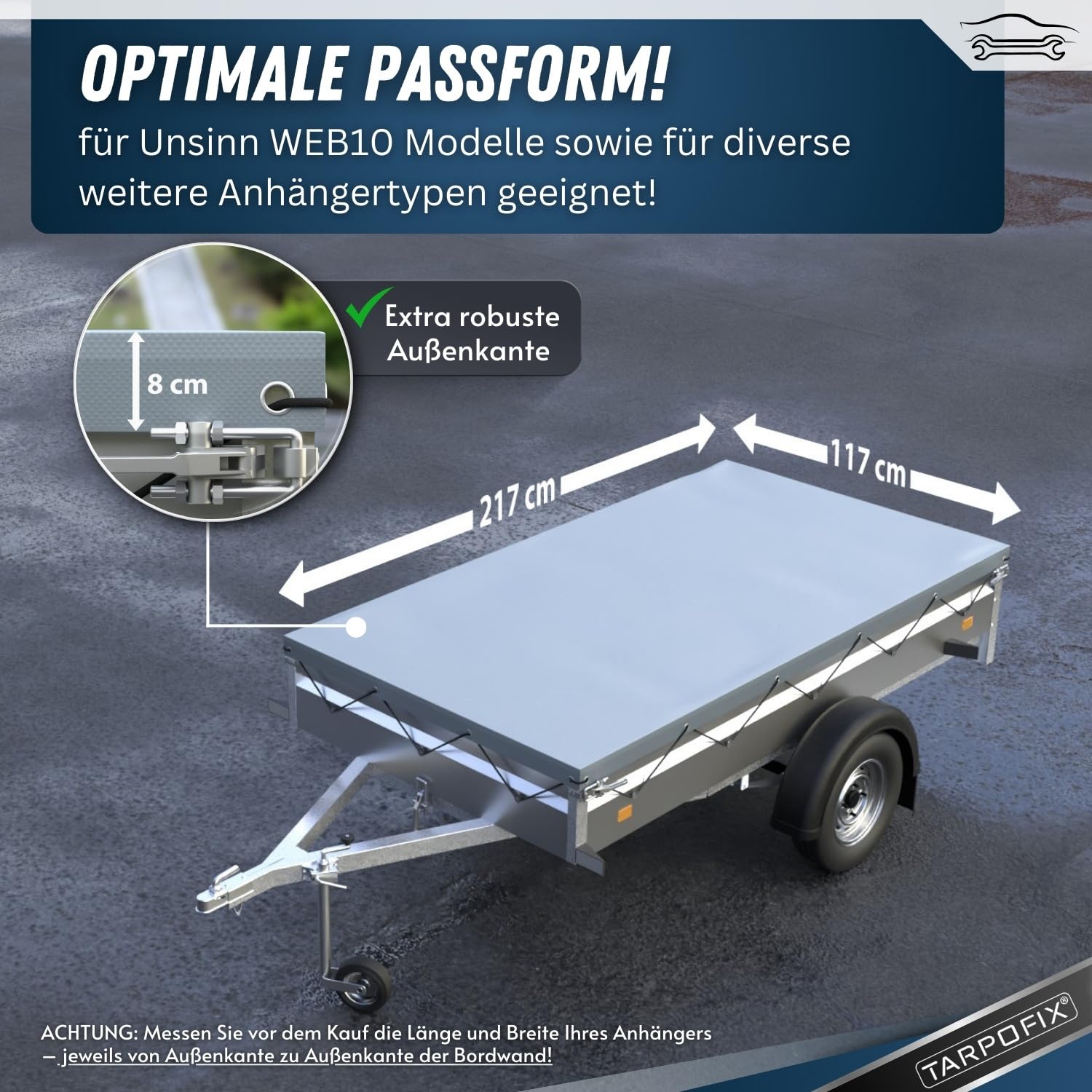 Tarpofix® Anhänger Plane 217 x 117 cm mit Planenseil | Flachplane aus PVC Planenmaterial | Verstärkte Unsinn Plane für 750kg PKW Hänger | Abdeckung | Grau