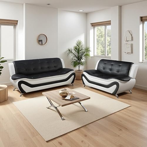 Miniatura 13 de Sofás Seccionales de Cuero, Conjuntos de Muebles de Sala de Estar, 3 Piezas Conjunto de Sofá Moderno para Sala de Crema