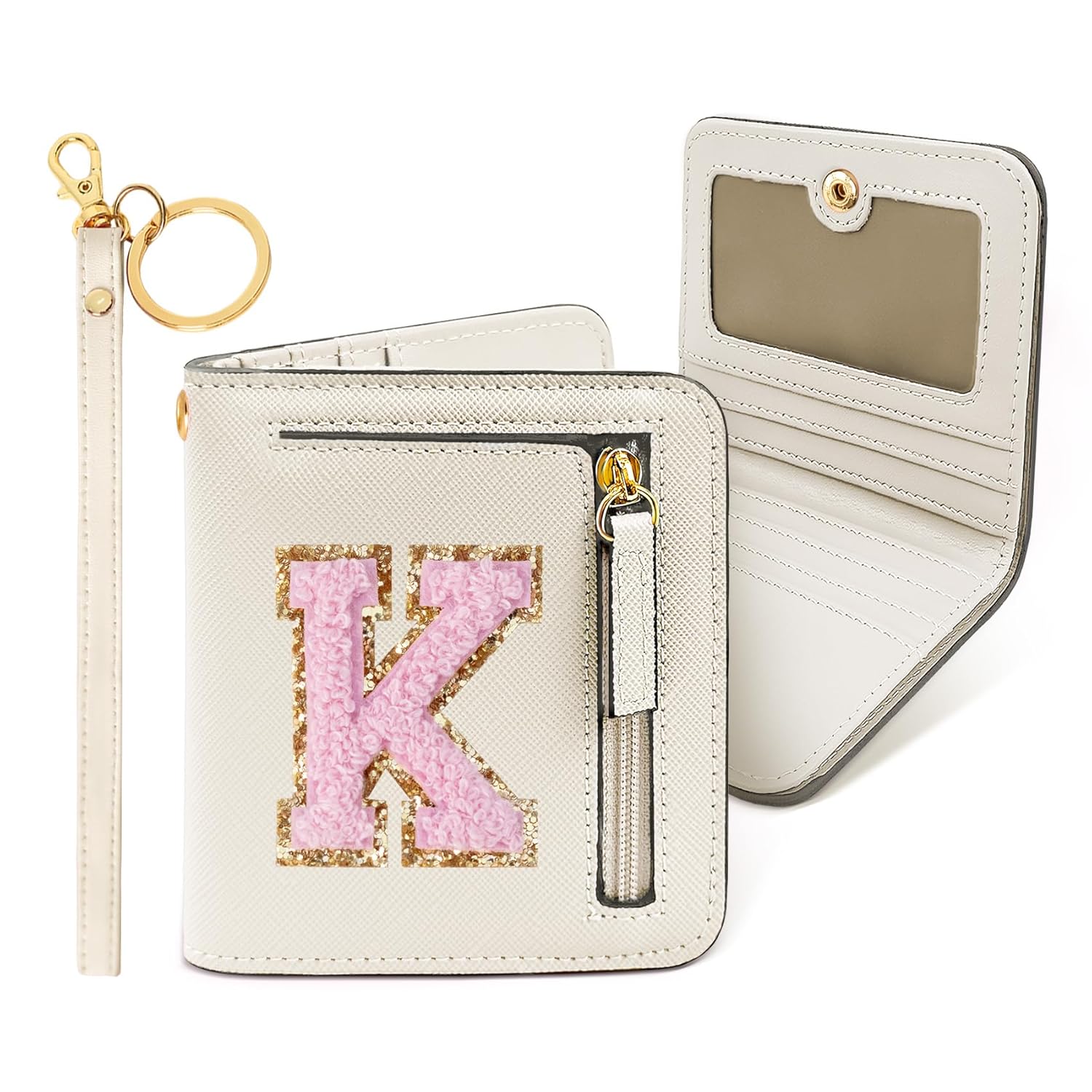 COSHAYSOO Initial Wallet RFID Small Bifold Slim Letter Wallet for Women Teenager Girls Travel Daily Necessities Credit Cards Money Cash Coin Organizer, Off White, Compact, K