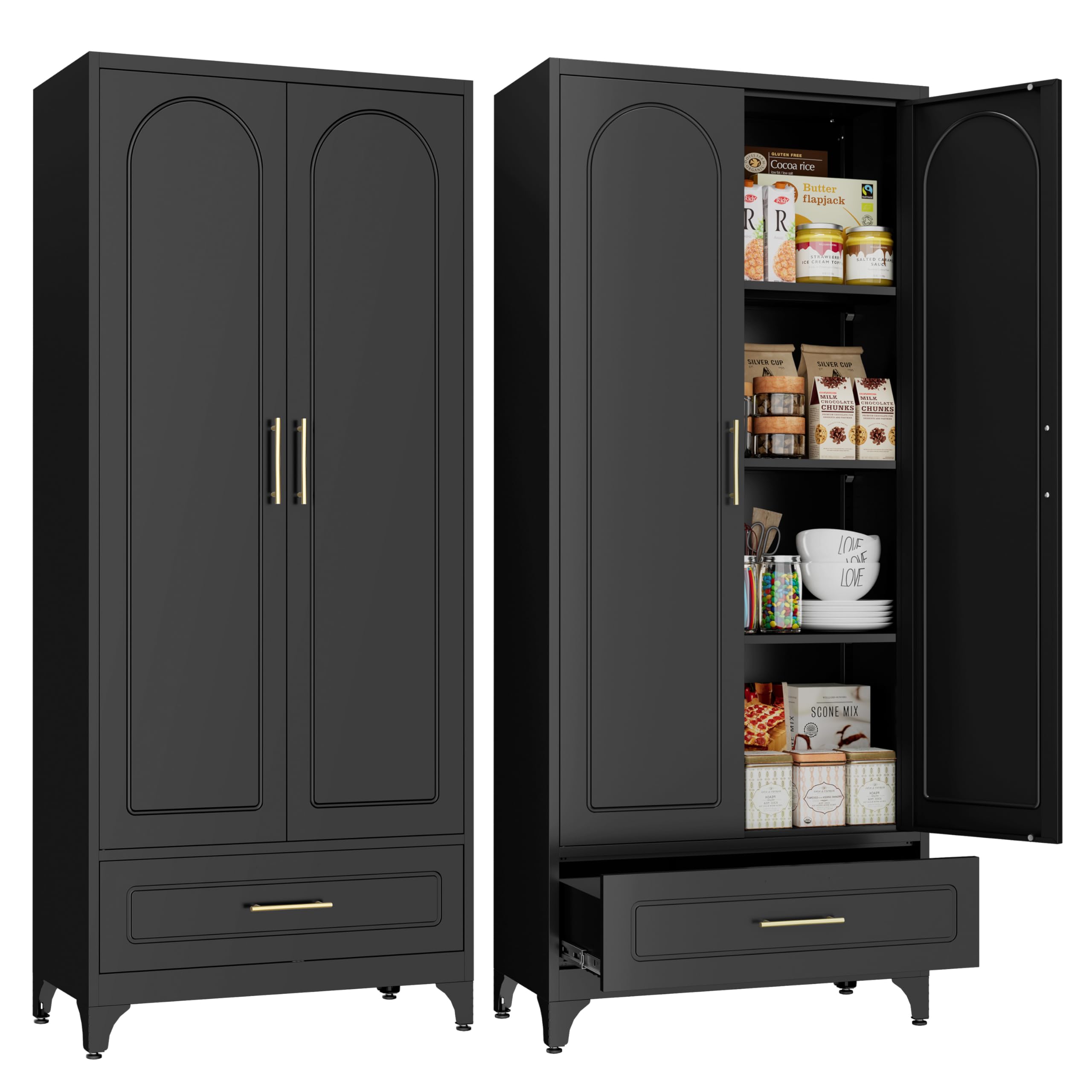 SteeLoong Metal Storage Cabinet with Drawers,75Inch Black Pantry Cabinets for Kitchen Storage with 3 Adjustable Shelves,Tall Kitchen Pantry Cabinet
