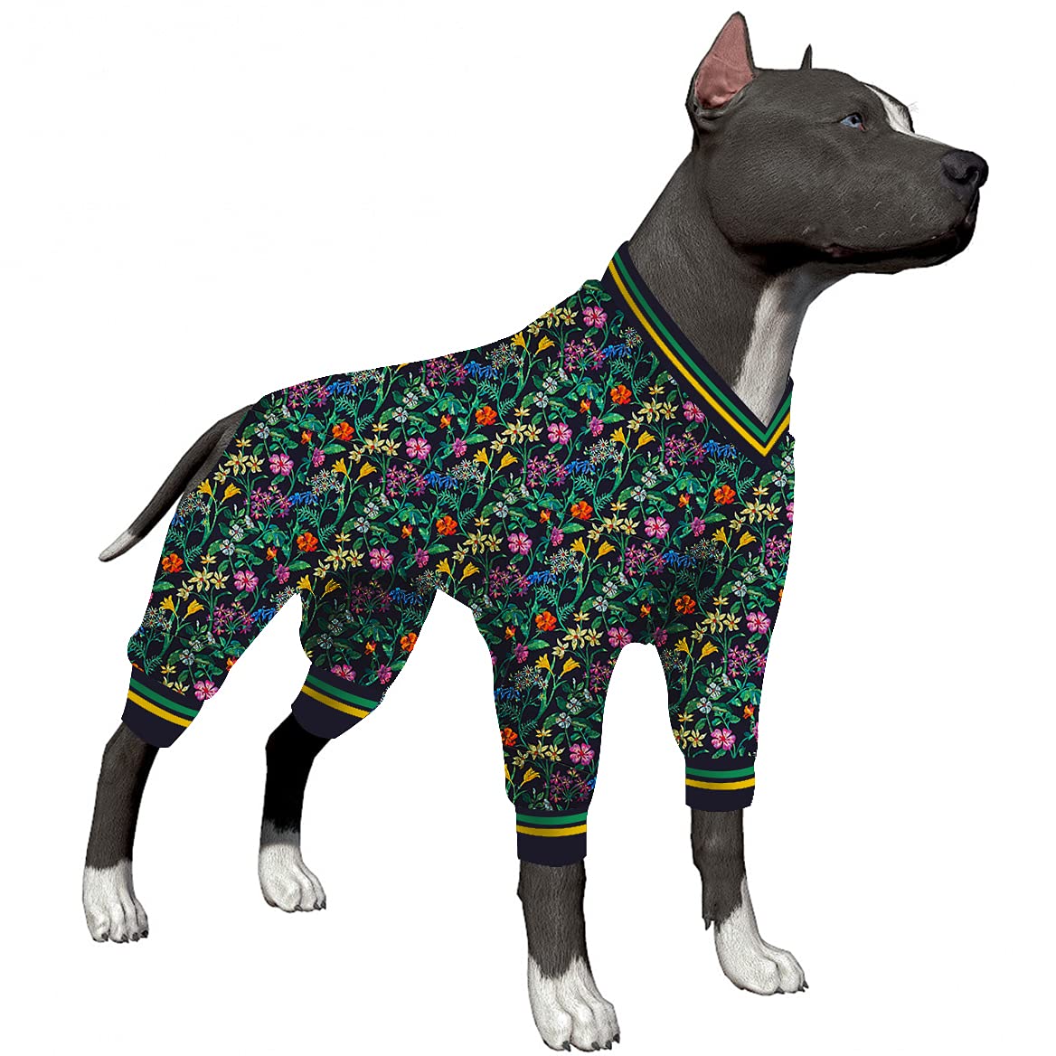LovinPet Large Dog Jammies, Post Operative Protection Dog Pajamas, Coverage Anti-Shedding Dog Jumpsuit, Lightweight Luxurious Purple/Green/Pink Flowers Prints as Dog Sweater Bottoming XXL