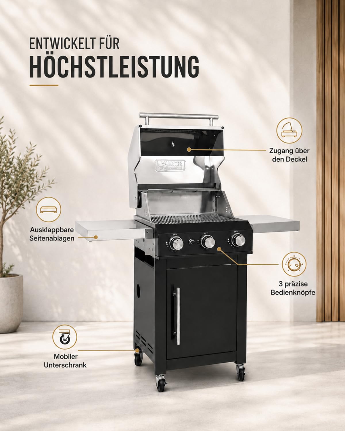 Premium Gasgrill 3 Brenner 10,5 kW Grillrost komplett montiert, Outdoor-Grill für Garten & Terrasse, 304 Edelstahl-Brenner schwarzer PVD-beschichteter Edelstahl-Korpus 1,2 x 0,6 x 1,2 m