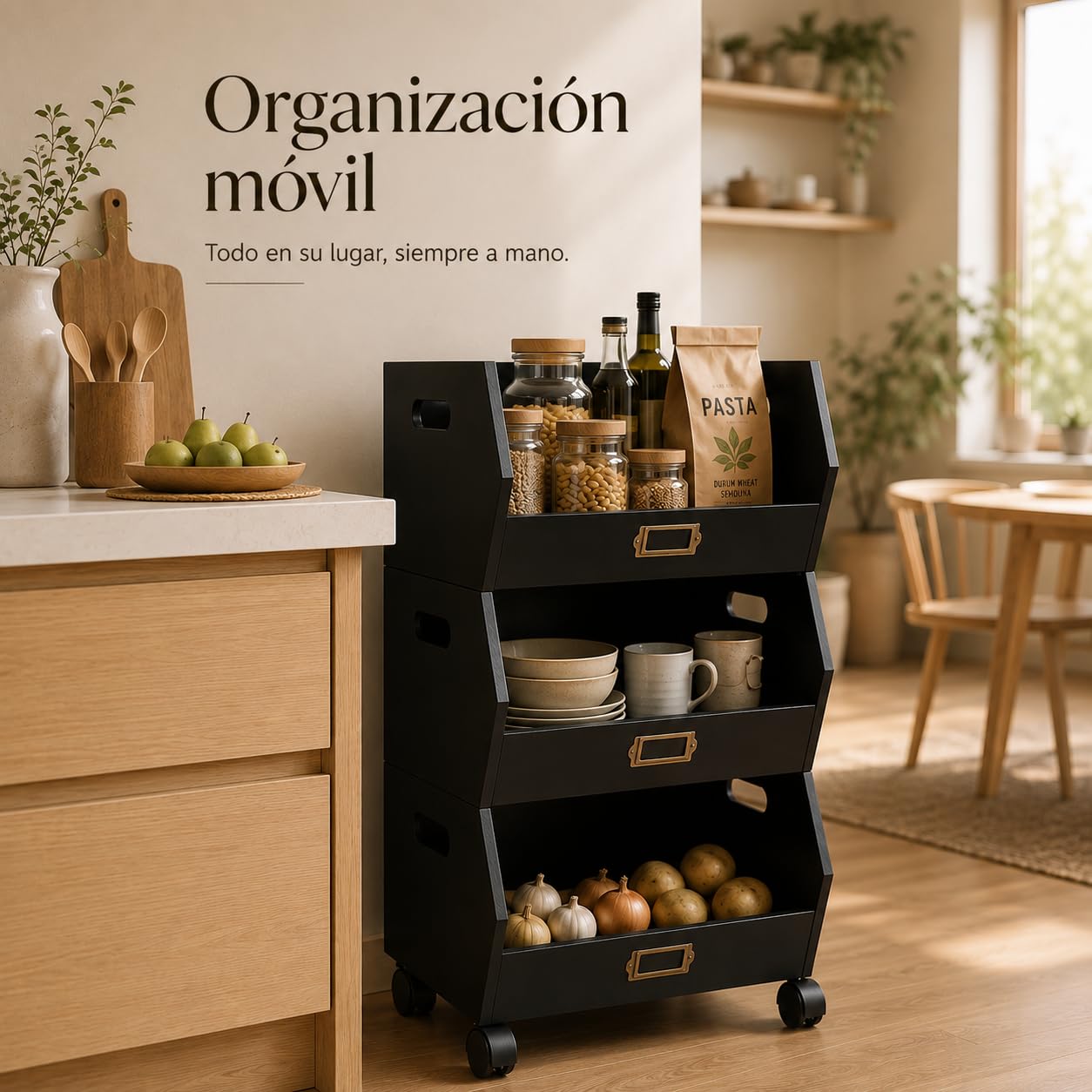 XZ-23007 Organizador Extraibles con Ruedas 3 Niveles Multiuso 32x28x60cm - Cajas de Almacenaje de Madera para Organizar Libros, Documentos, Frutas, Verduras Color Negro