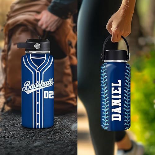 Vista 127 de Hyturtle Botella de agua de béisbol personalizada, botella de acero inoxidable aislada de viaje con tapa a prueba de fugas, 18 onzas, 32 onzas