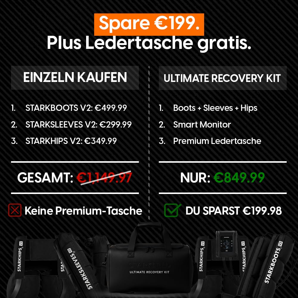 STARKBOOTS® V2 Ultimate Recovery Kit Kompressionssystem BOOTS SLEEVES HIPS Ledertragetasche 4h Akku Größe M