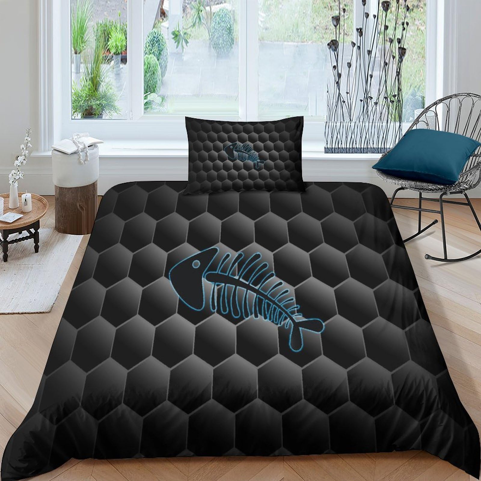 Housse de couette arêtes de poisson 3D lit simple 135x200 cm avec taies d'oreiller