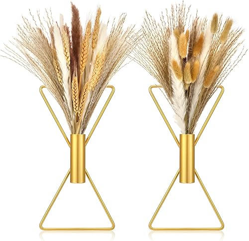 Peryiter 2 macetas colgantes de pared bohemias pequeñas con pampas artificiales montadas en la pared de metal, decoración moderna dorada para