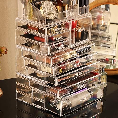Miniatura 5 de Cq acrylic Organizador de maquillaje para tocador con 9 cajones, almacenamiento grande de plástico transparente para joyas, accesorios para el