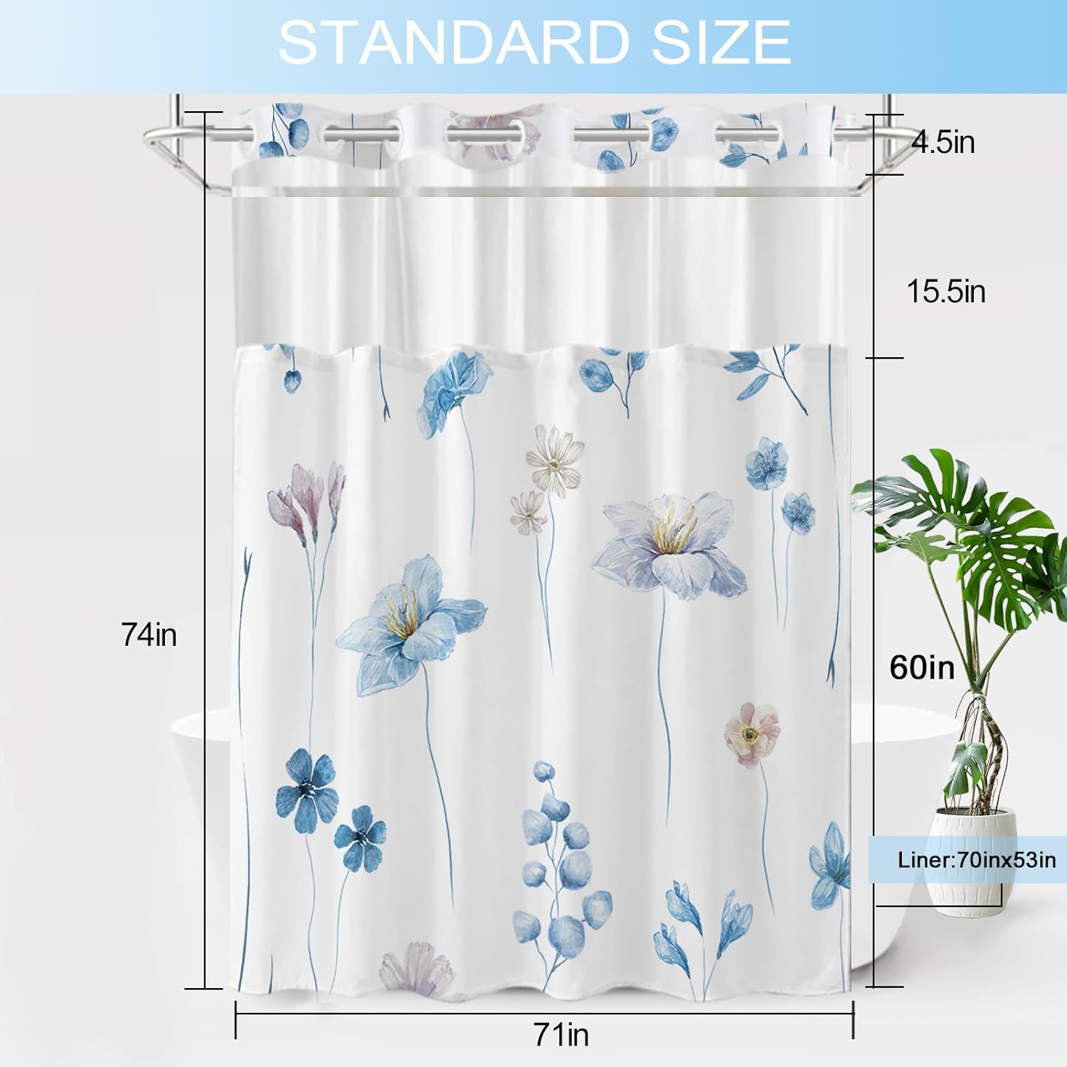No Hook Shower Curtain and Liner Set, Watercolor Blue Floral Shower Curtains for Bathroom, Modern Hotel Bathroom Curtain Sets with Snap in Liner, 71x74 Inches