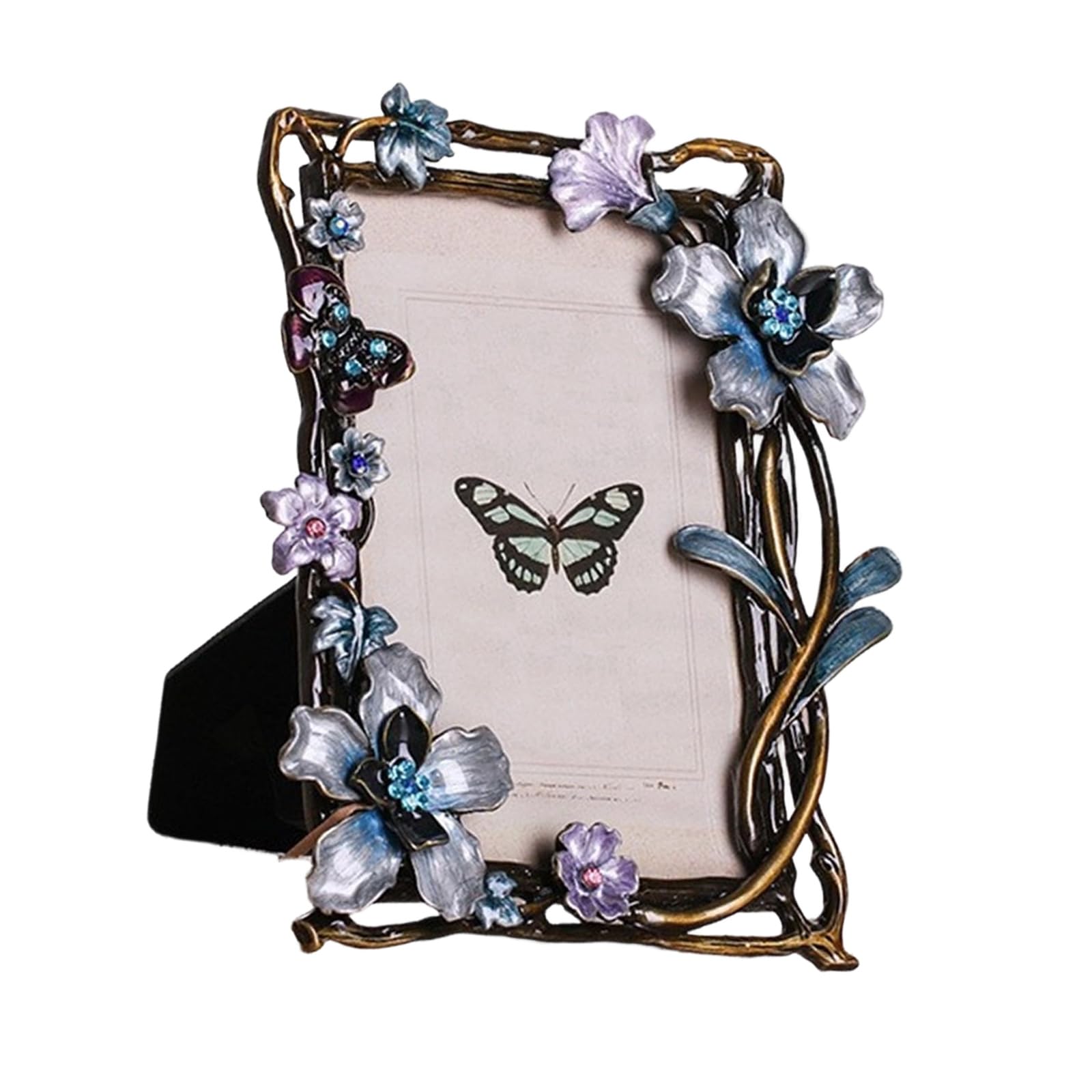 Kaeltsyn Antique Metal Picture Frame with Rhinestones Accent and Floral Bird Enameled Design Decorative Gallery Art Photo Display Romantics Photo Frame