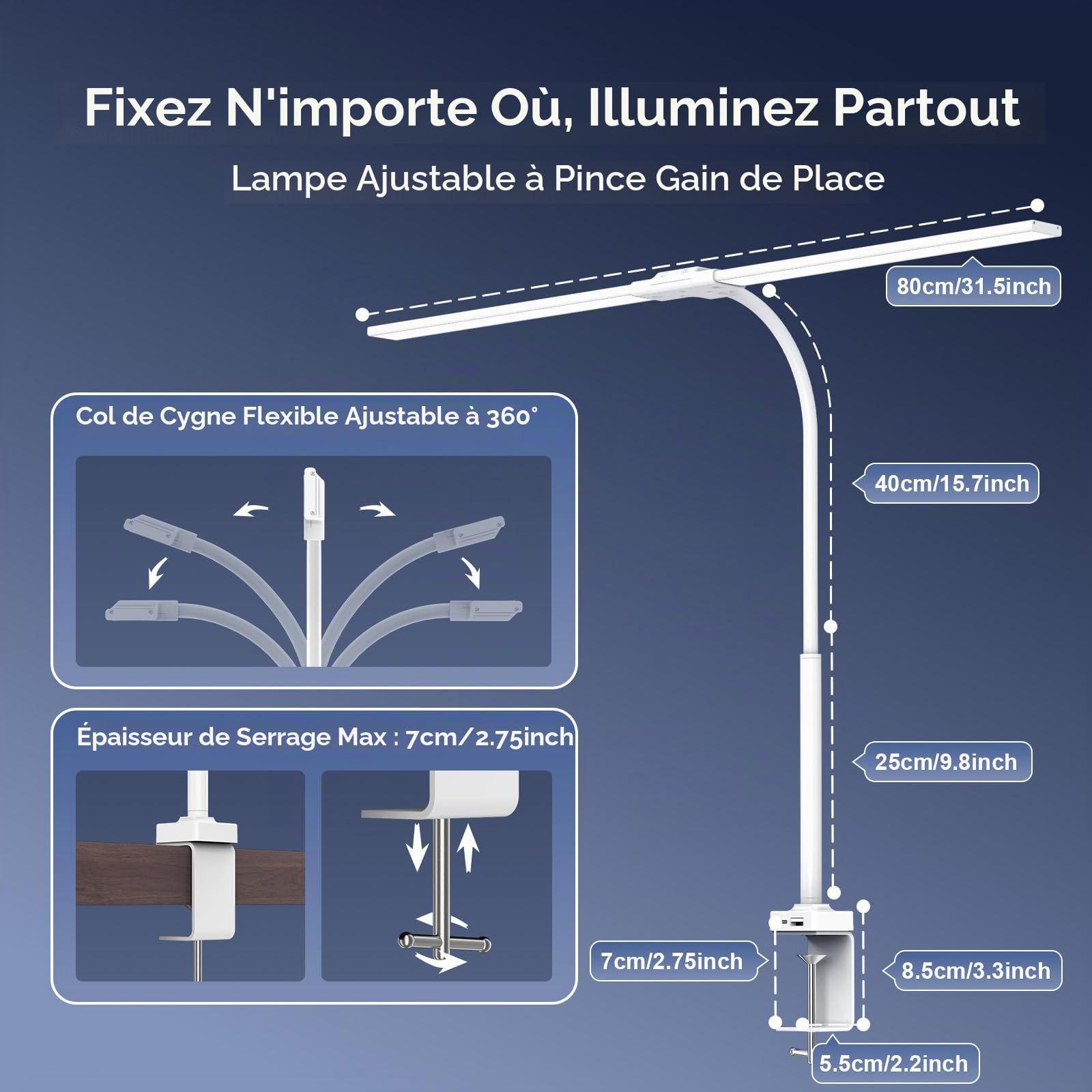 Lampe de Bureau LED 24W avec Pince - 1500LM 80CM Lampe de Lecture à DEL de Cygne avec Télécommande, Port de chargement USB pour Maison et Bureau, Blanc Éclatant