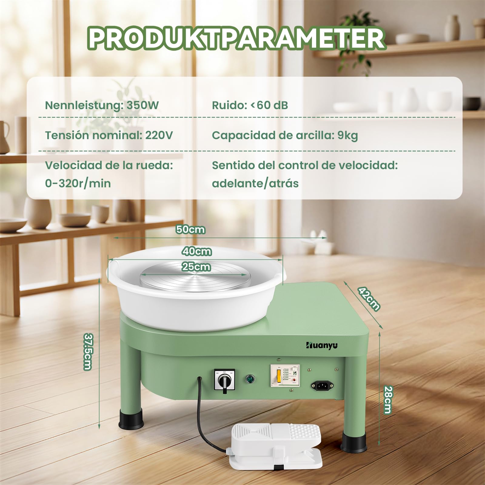 Huanyu Keramik-Maschine mit Fußpedal, 25cm, elektrische Töpfermaschine mit abnehmbarem Becken, für Töpferstudio, Töpferei, Heimwerken, Töpferei, Schule
