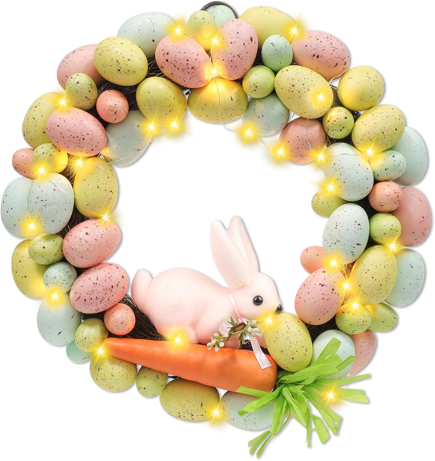 Easter Bunny Spring Wreath 16.5 Inch Easter Front Door Decor,with Lighted 20 LED Warm Lights with Natural Branches,Carrot and Cute Pink Rabbit Artificial Wreath for Home Holiday Party.