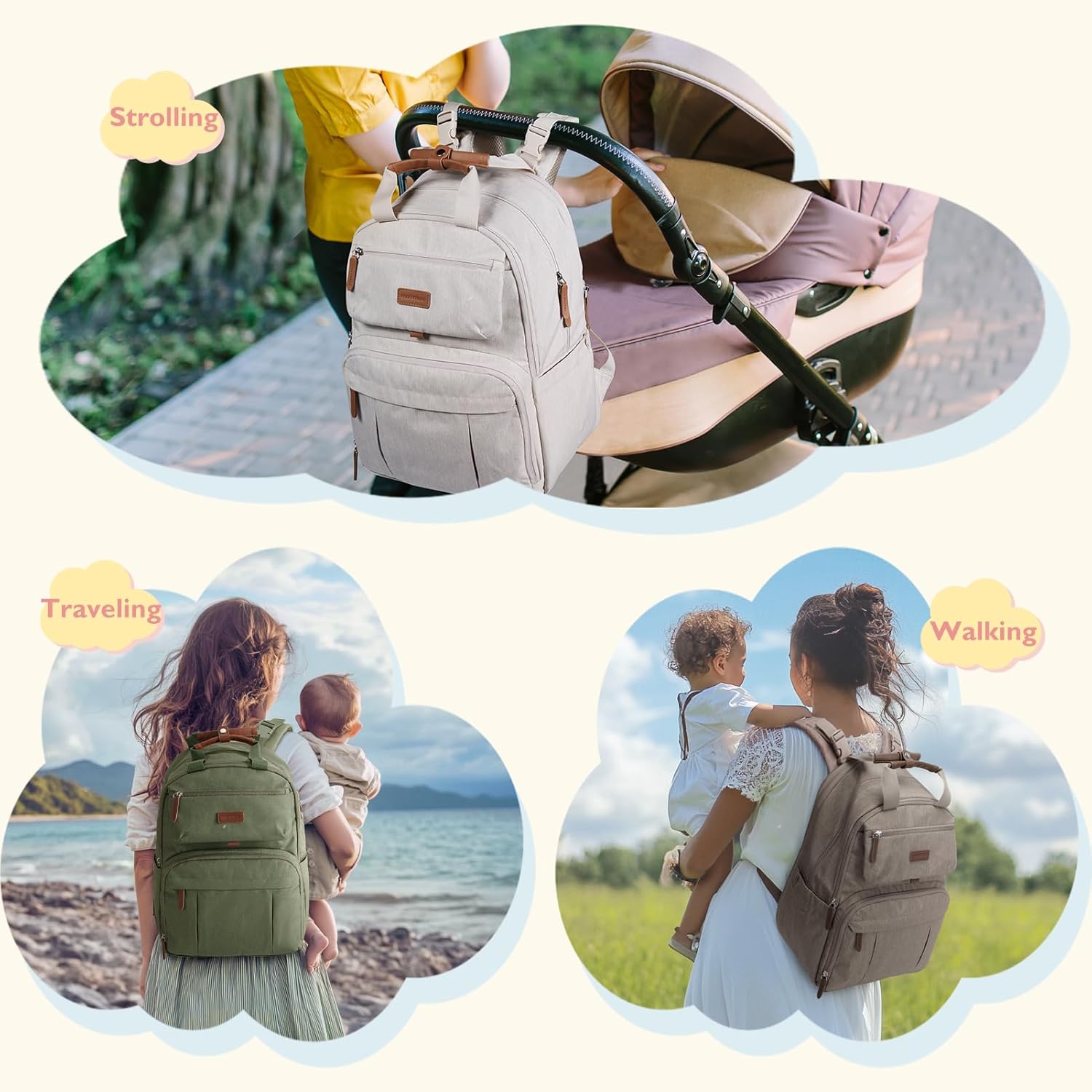 mommore Diaper Bag Backpack, Large Diaper Bag Expandable for 2 Kids/Twins, Durable Baby Bag with Changing Pad, Water Resistant Travel Diaper Backpack for Mom Dad - Image 5