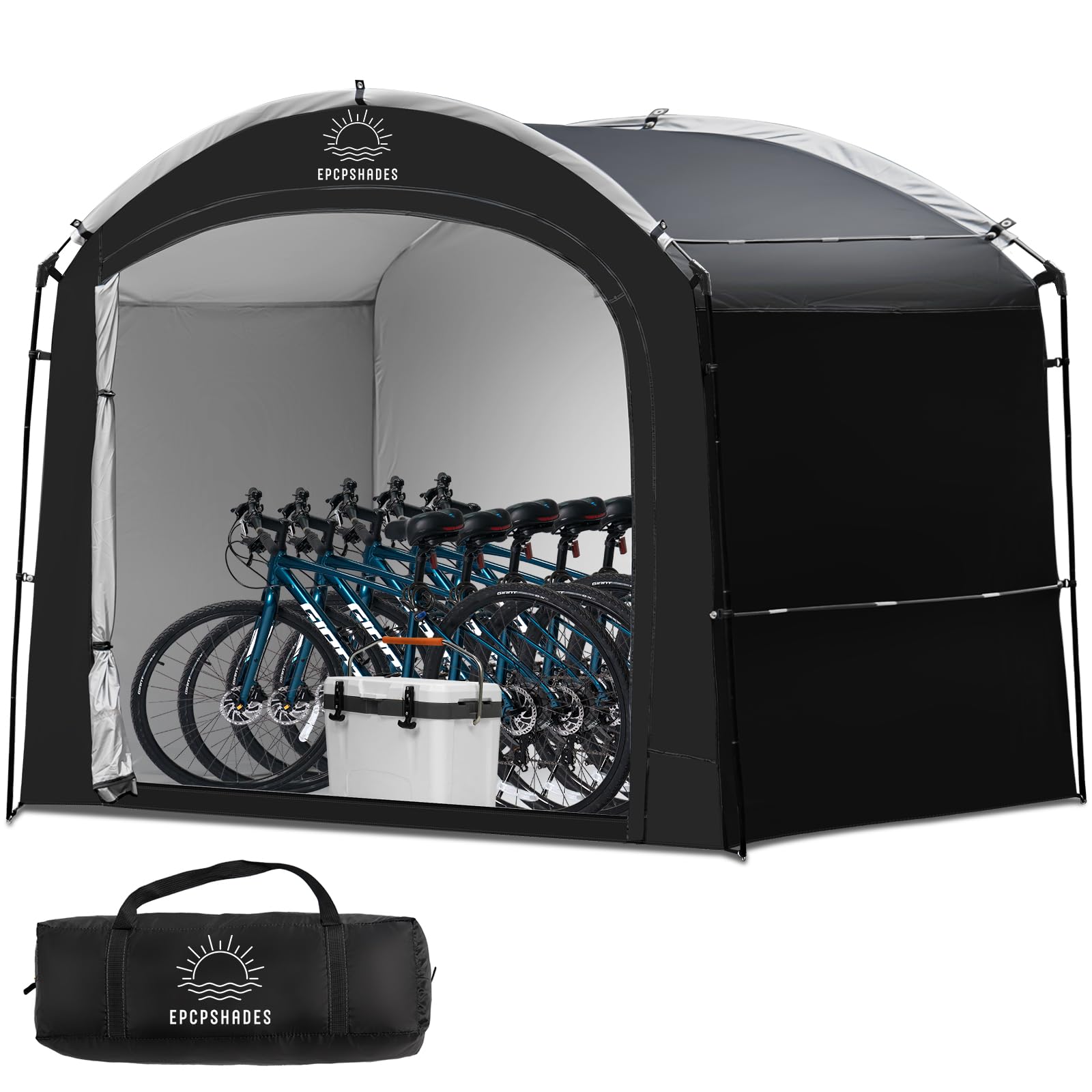 EPCPSHADES Bike Storage Shed Tent, Waterproof Portable Bicycle Cover with 30% More Top Storage Space for 2/3/4/5 Bikes,Clips Easy Setup Outdoor Sheds Shelter for Motorcycle, Garden Tools, Lawn Mower