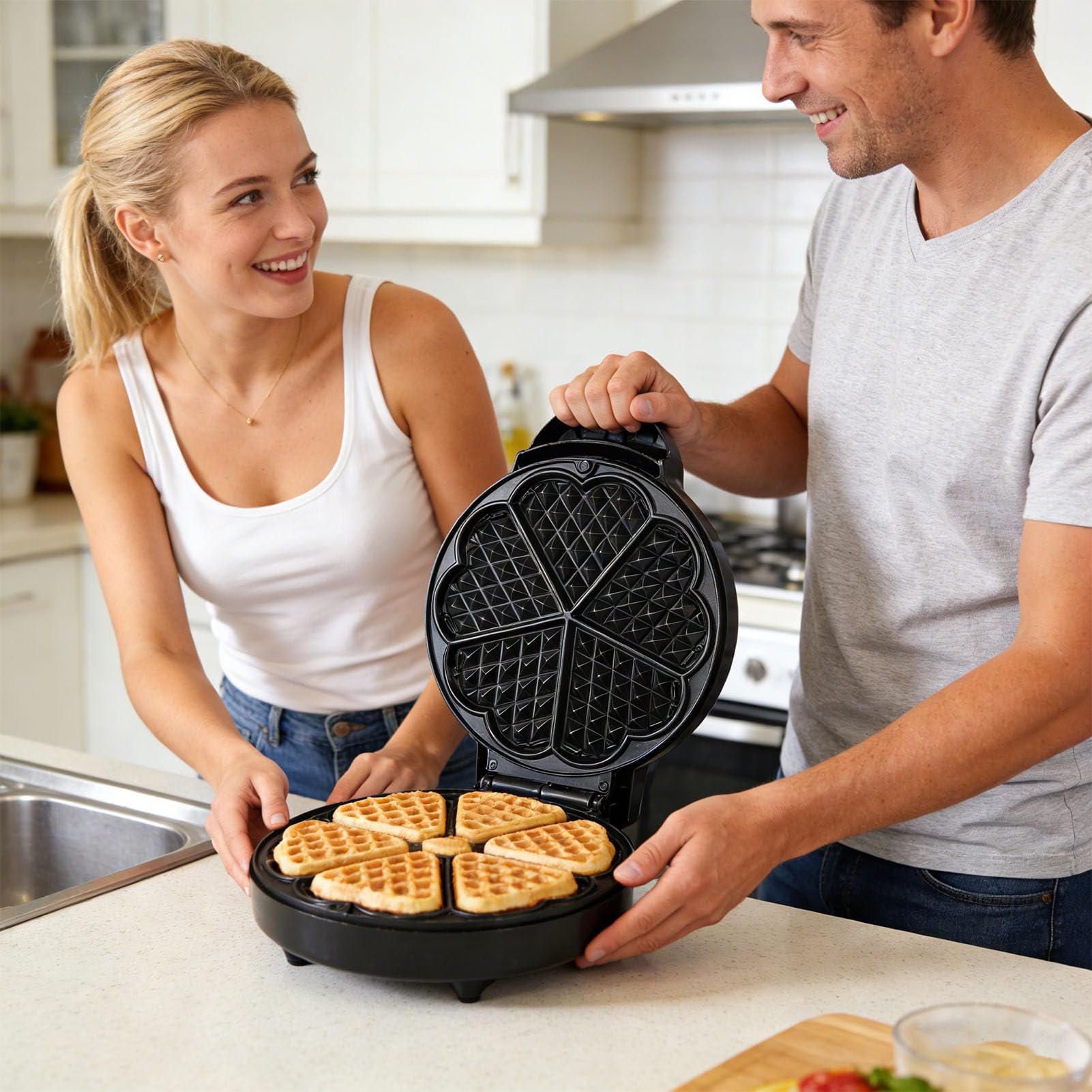SUNGOOYUE Gofrownice, Urządzenia do Robienia PączkóW i Ciasta 5 W Kształcie Serca Gofrownica o Mocy 1000 W Belgijska Gofrownica z regulowaną temperaturą Na Deser śniadaniowy Domowa Kuchnia Serce
