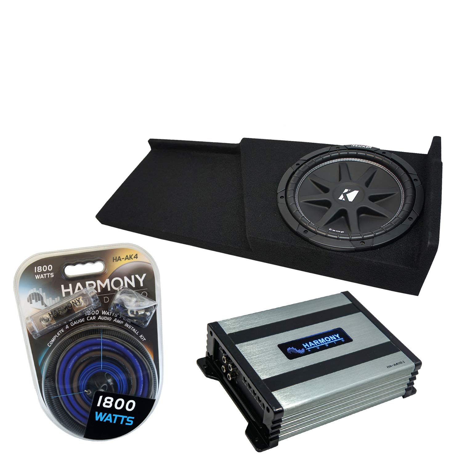 Harmony Audio Compatible with 2007-2013 GMC Sierra Extended Cab Truck Kicker Bundle Comp C10 Single 10 Sub Box Enclosure & Harmony HA-A400.1 Amp