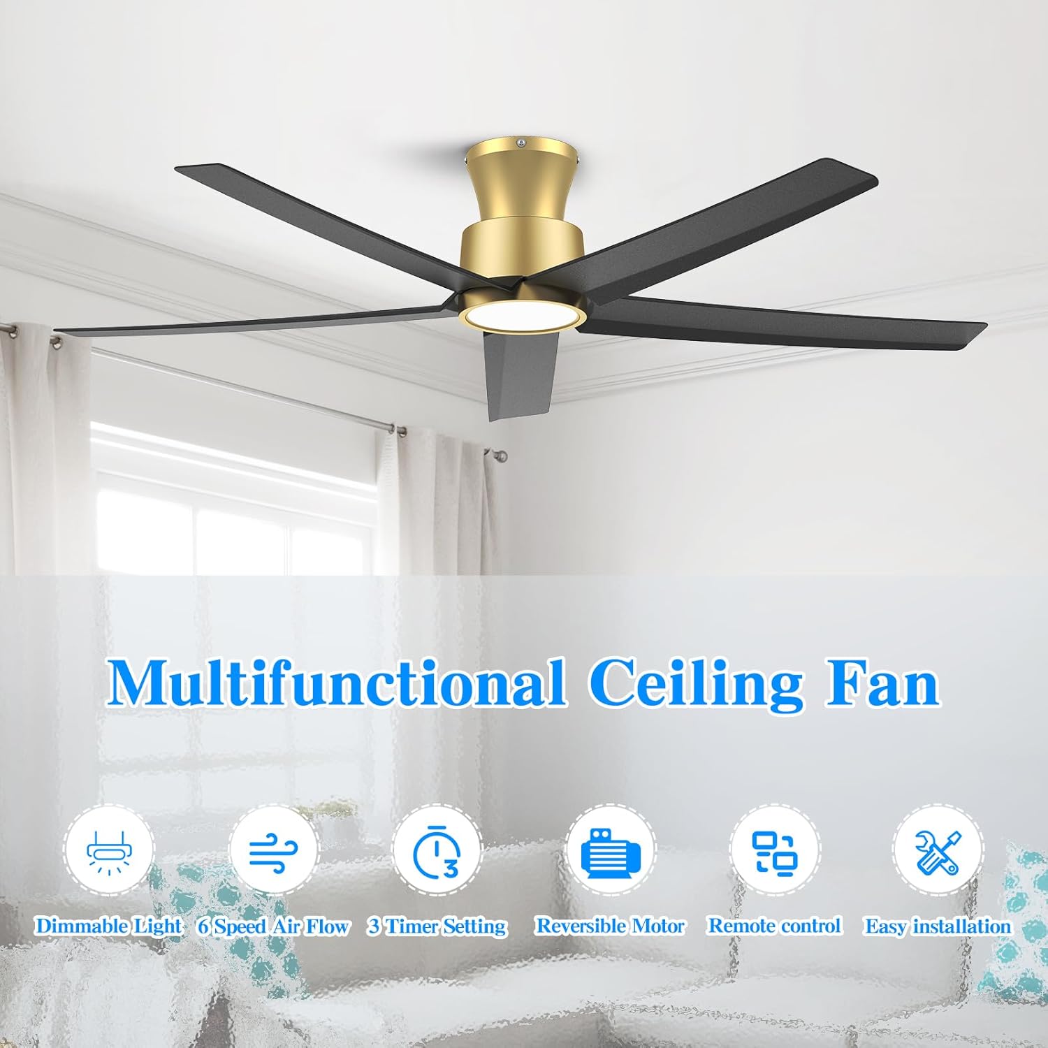 ocioc 52 inch ceiling fans with lights, large air volume ceiling fans with reversible quiet dc motor and remote?black-gold? black-gold 52 inch-standard