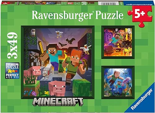 Ravensburger - Minecraft Biomes - Juego de 3 rompecabezas de 49 piezas - Bosques Pixelados, océanos y más - Imágenes brillantes e impresionantes -