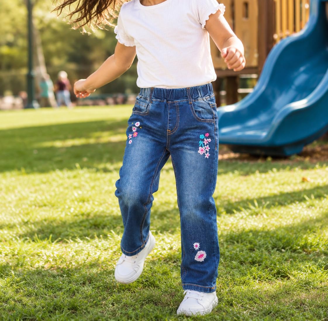 KIDSCOOL SPACE Vaqueros Bordados Niña, Pantalones de Mezclilla con Cintura Elástica