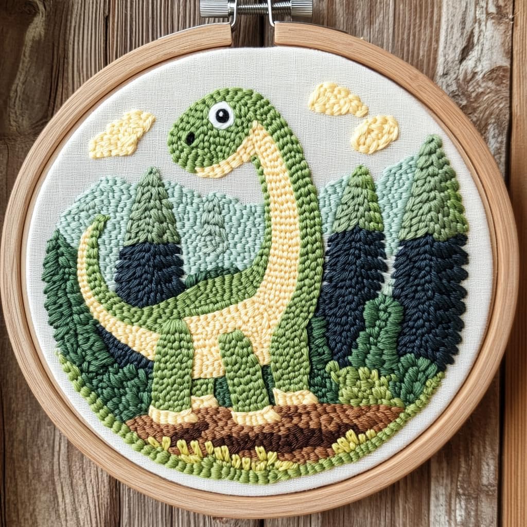 DIY Punch Needle Kits Cartoon Dinosaur with Hoop 20x20cm-2